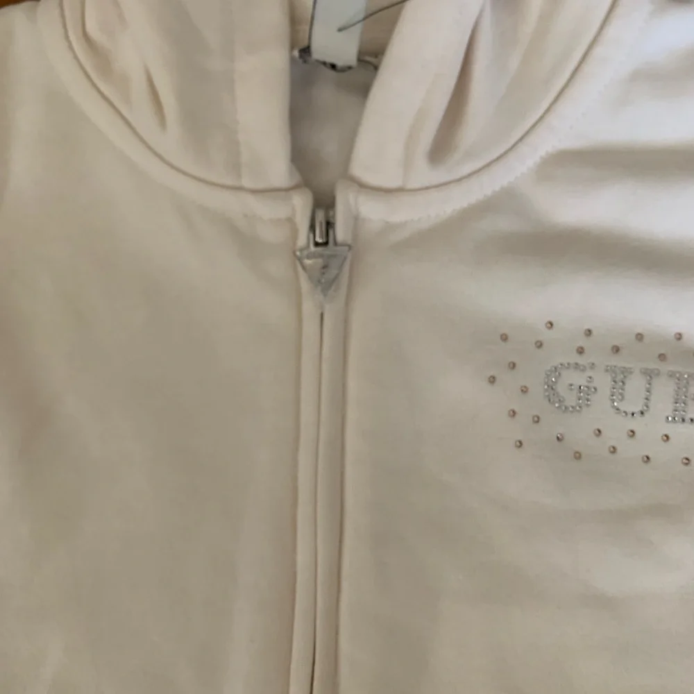 Guess White Rhinestone Logo Zip-Up Hoodie